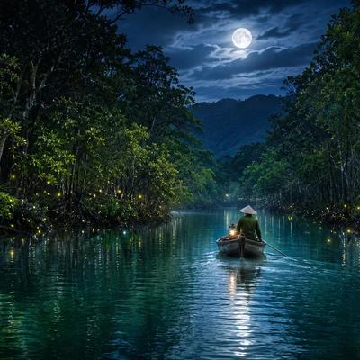 Moonlit mangrove river with fireflies and a quiet boat in Malaysia