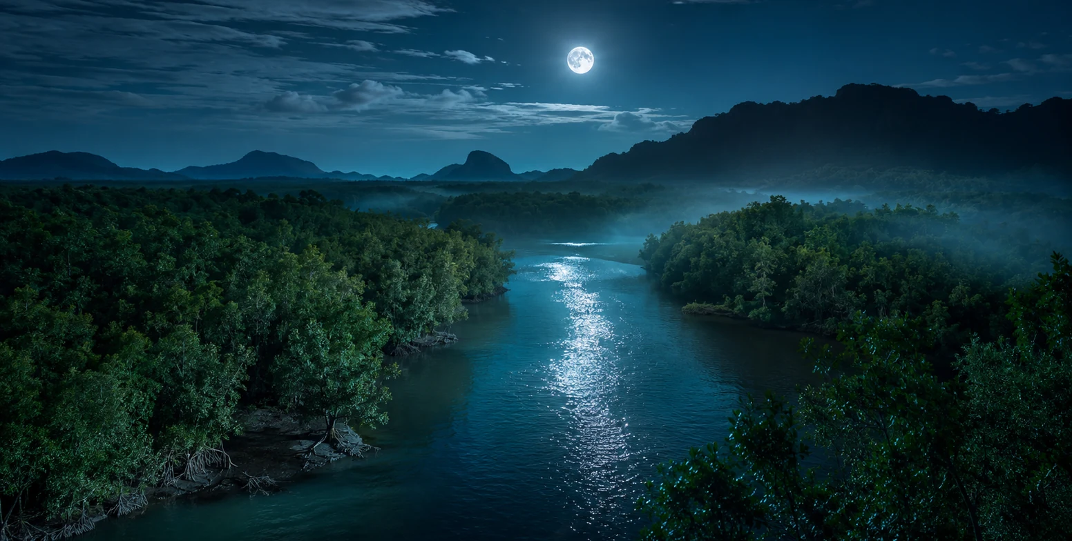 Wide night river panorama through Malaysian mangrove forest under a silver moon