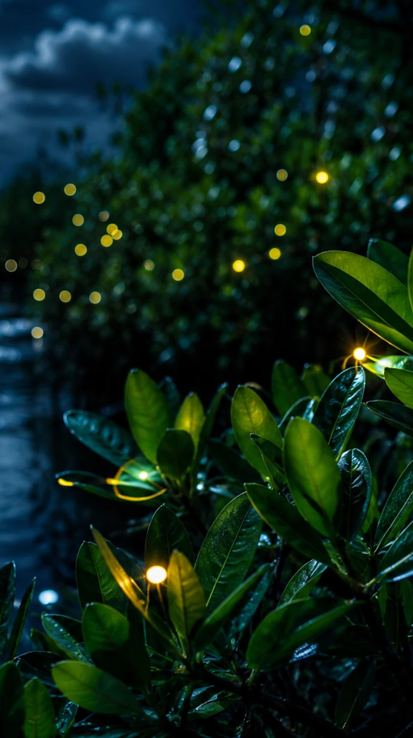Close view of fireflies above dark mangrove leaves