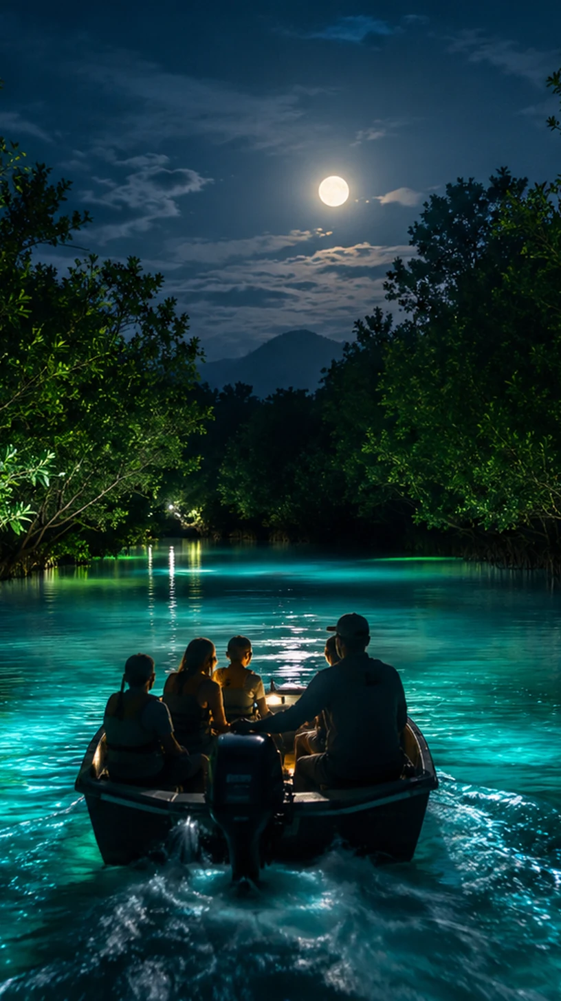 Boat moving through aqua reflections on a dark tropical river