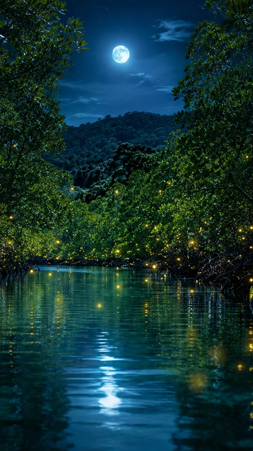 Silver moon over a quiet tropical river channel
