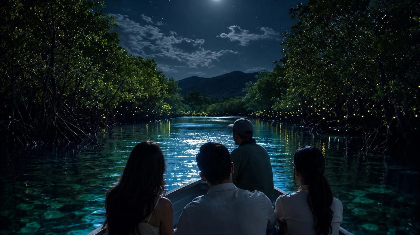 Guests watching moonlight shimmer across a Malaysian mangrove river