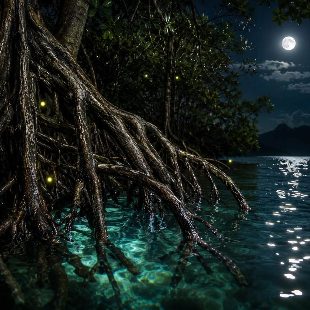 Tropical mangrove roots glowing under aqua night reflections
